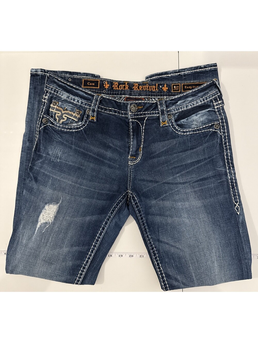 Rock Revival Women’s Jeans Size 34x31 Caro Easy Straight Medium Wash Distressed